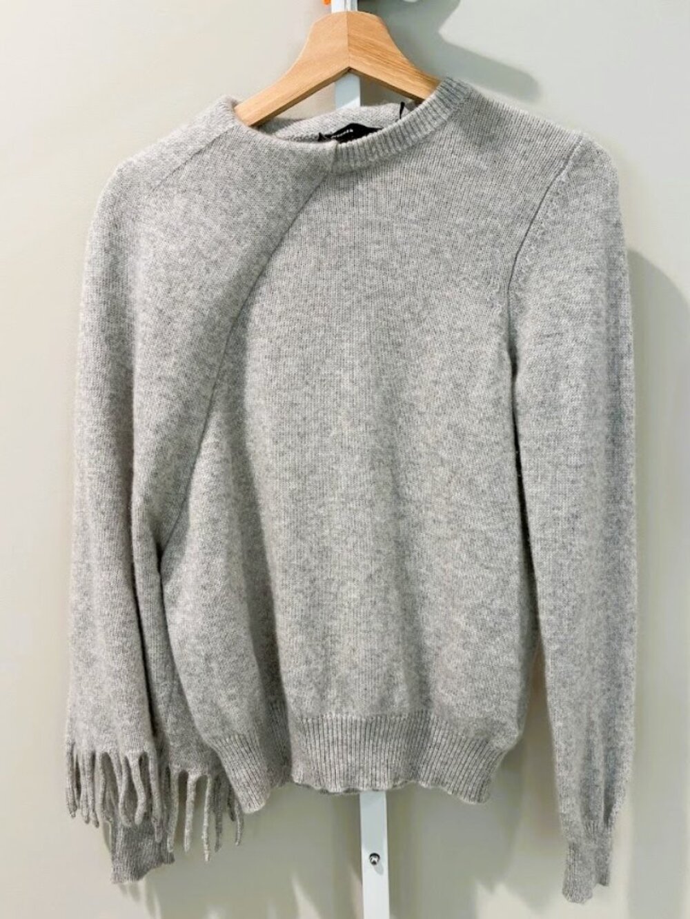 Proenza Schouler 100% Cashmere Fringe Trim Crewneck Sweater Grey Heather XS